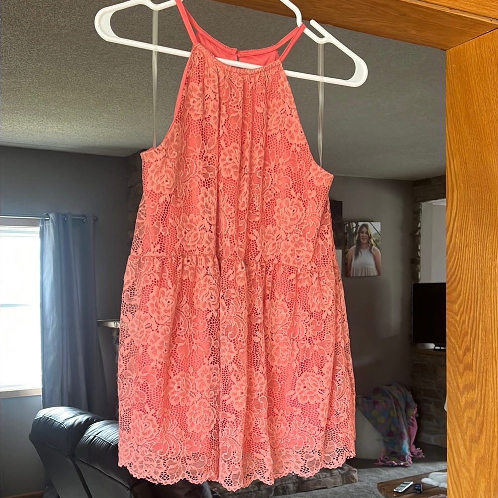 Coral Lace Halter Dress